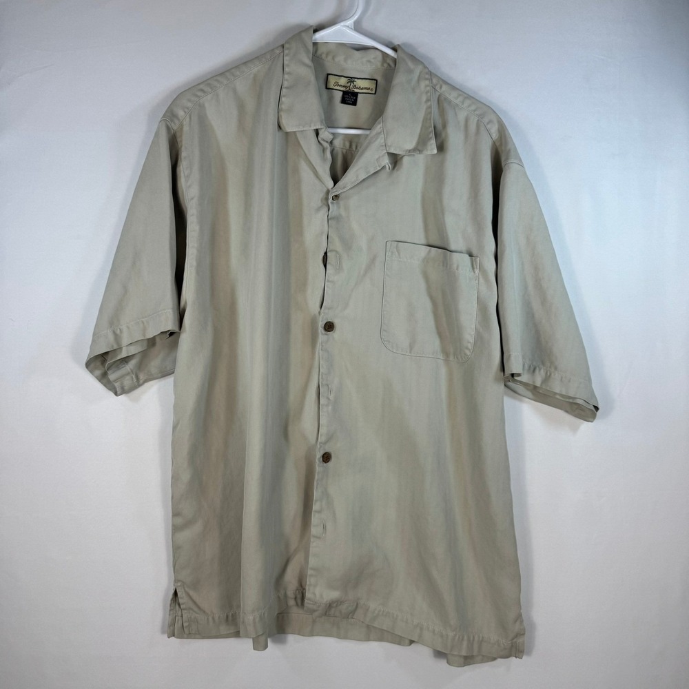 Tommy Bahama Mens Khaki Tan 100% Silk Herringbone Short Sleeve Camp Shirt Large